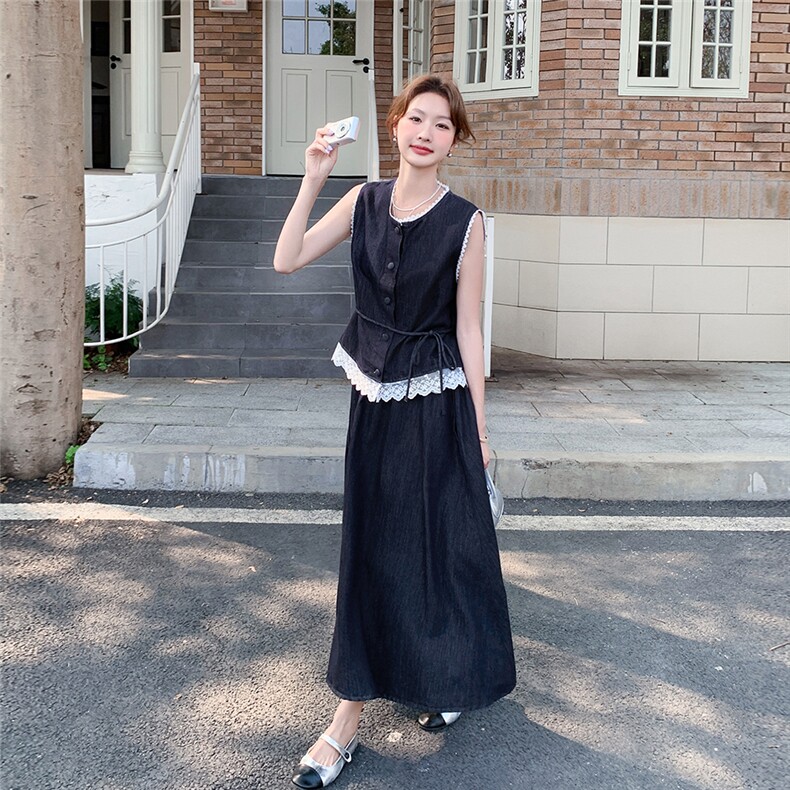 藏青色蕾丝拼接牛仔马甲套装裙女2025夏季新款一整套半身裙两件套，女装套装/套裙，秋水欣儿