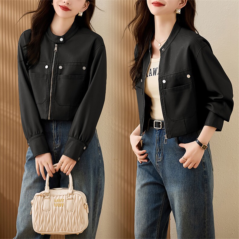 现货复古短款皮衣外套女2024春秋新款PU皮机车服秋季女式皮夹克,女装皮衣,江南女神
