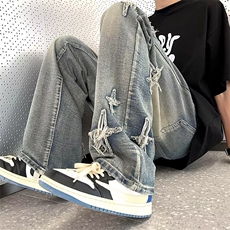 美式vibe裤子高街水洗牛仔裤男设计感小众拉链裤N7182P43，男装牛仔裤，星座1116-2