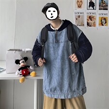 21秋冬港风假两件卫衣拼牛仔连帽夹克外套休闲宽松中性H201/P70,男装夹克,钱塘713
