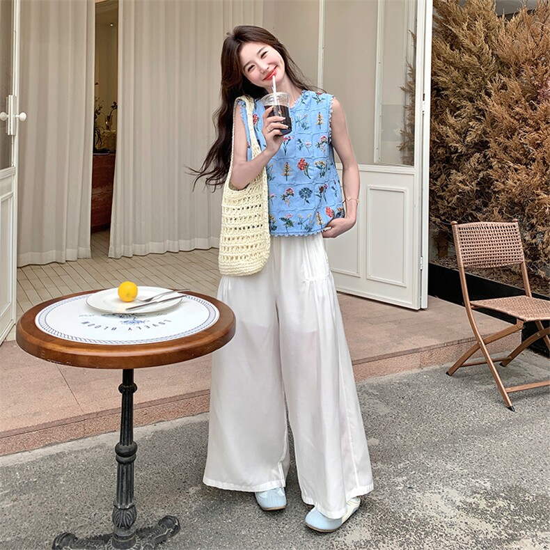 碎花蓝色刺绣无袖衬衫阔腿裤套装女夏两件套巨好看流行小众不撞款,女装套装/套裙,2C169