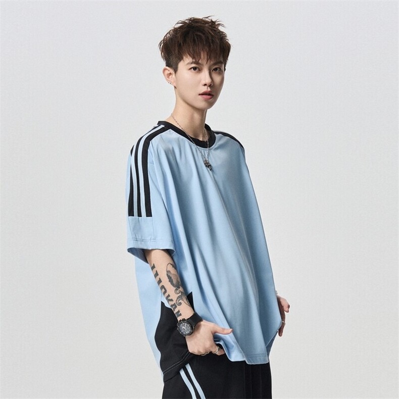 条纹拼接纯色情侣短袖潮牌简约宽松休闲T恤衫男A406T6068特P33,男装T恤,星座309（原A406）
