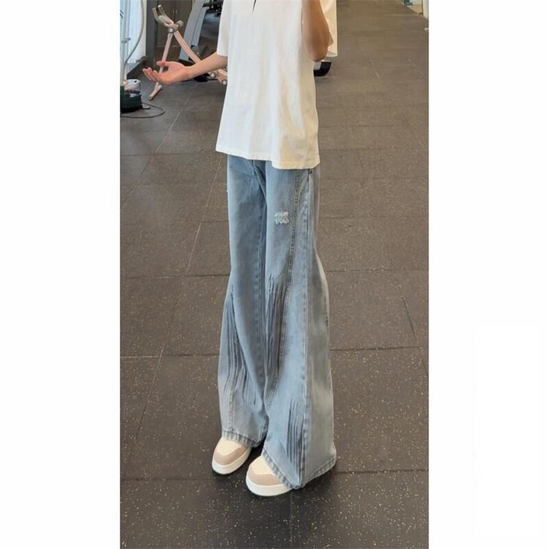 美式街头复古蓝水洗扎染破洞牛仔裤男夏薄款阔腿弯刀裤直筒工装裤,男装牛仔裤,星座410-7