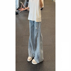 美式街头复古蓝水洗扎染破洞牛仔裤男夏薄款阔腿弯刀裤直筒工装裤，男装牛仔裤，星座410-7