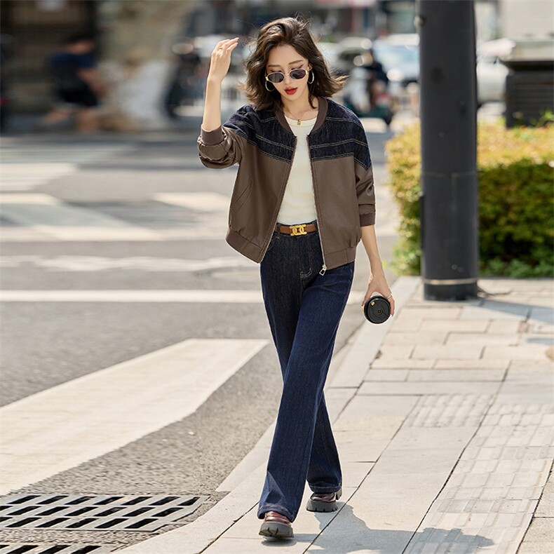 女式皮衣2025秋季新款牛仔拼接百搭休闲时尚PU皮夹克上衣,女装皮衣,美拉德工厂直营店
