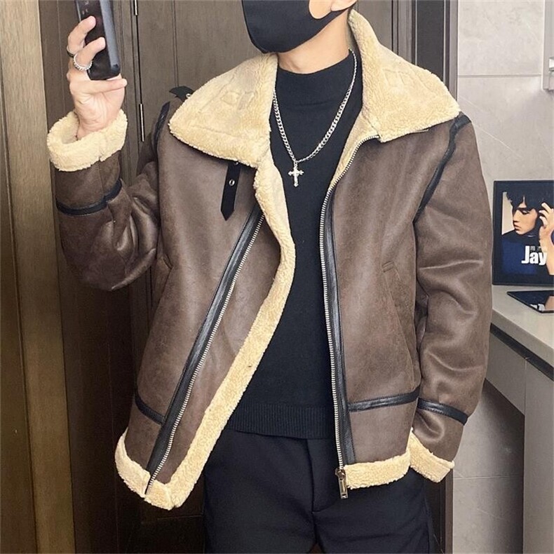 68801-P208美式皮毛一体棉衣休闲翻领男士加厚冬季宽松外套，男装皮衣，电商D310B