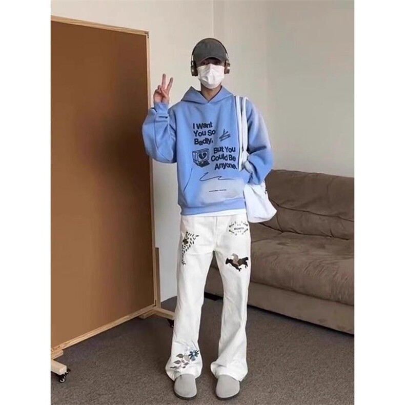 白色刺绣牛仔裤男女春季美式高街hiphop阔腿长裤宽松百搭微喇,男装牛仔裤,四季星座505