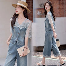 欧货时尚牛仔套装女夏新款韩系时髦洋气蕾丝拼接外套阔腿裤两件套，女装套装/套裙，依路服饰