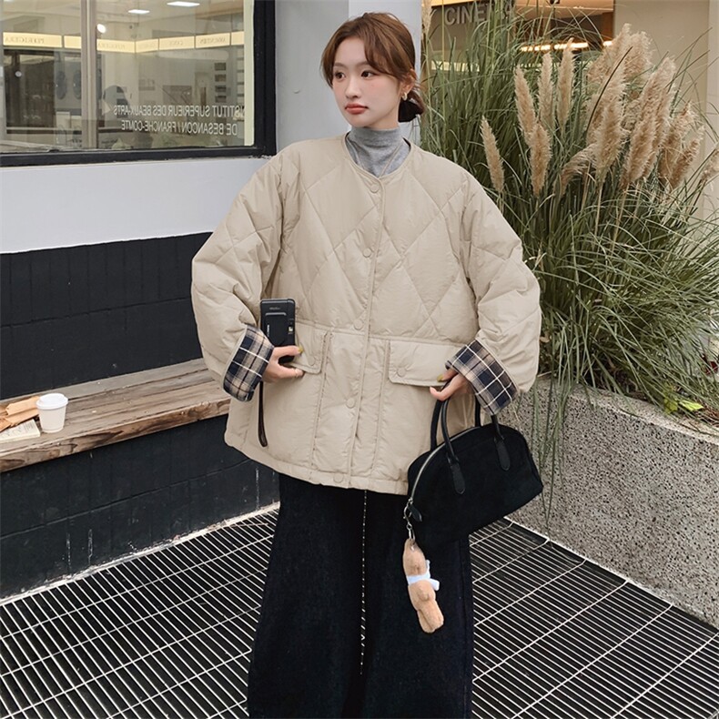 韩版时尚拼格纹轻薄款羽绒服女2025年冬季新款显瘦加厚白鸭绒外套,女装羽绒服,浙宝305