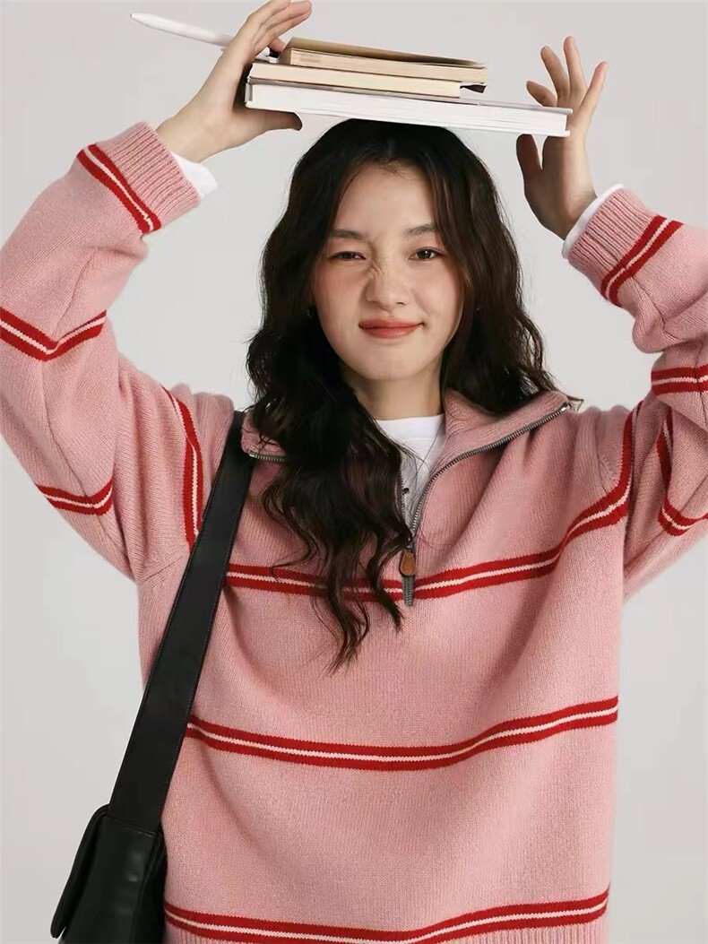 35%山65%羊毛POLO领半拉链条纹针织衫套头加厚宽松打底毛衣女,针织衫/毛衣,百纯羊绒