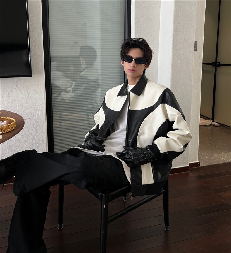复古拼色皮衣外套男秋潮牌街头vintage机车服夹克衫百搭男MF52P75,男装夹克,电商D256A(原A064A)