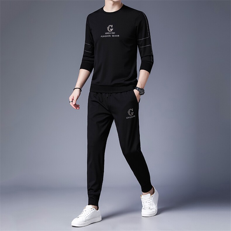 秋季男式长袖长裤透气两件套运动休闲圆领修身t恤套装，男装休闲套装，电商B360