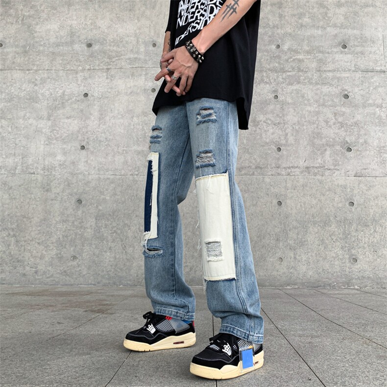 B221美式ins高街小众个性乞丐裤直筒破洞牛仔裤LK23099-P65控88,男装牛仔裤,电商B221