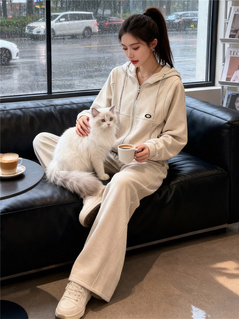 设计高级感休闲运动套装女春季新款气质减龄连帽卫衣阔腿裤两件套,女装套装/套裙,江南