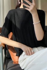 夏季精纺羊毛衫蕾丝拼接半袖T恤女圆领木耳边宽松镂空短袖打底衫，女装羊毛衫，琳华羊绒