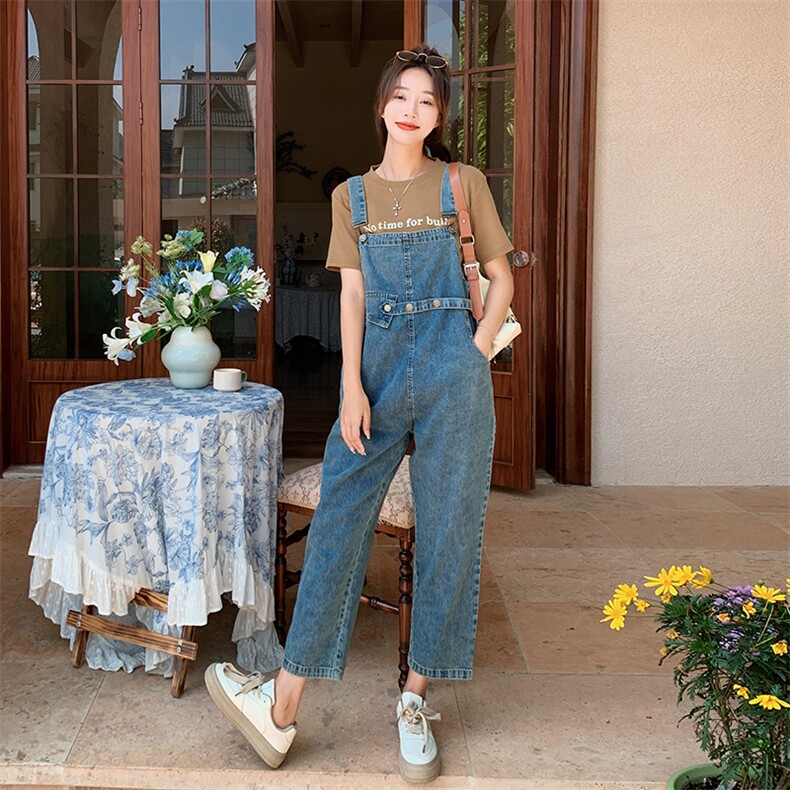美式复古牛仔背带裤女2023夏季新款韩版小个子显瘦减龄工装九分裤,女装休闲裤,2C037