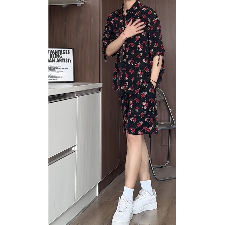 短袖衬衫男+短裤男套装男100%聚酯纤维M-5XL大码TZ78702P50控98,男装休闲套装,星座226-1