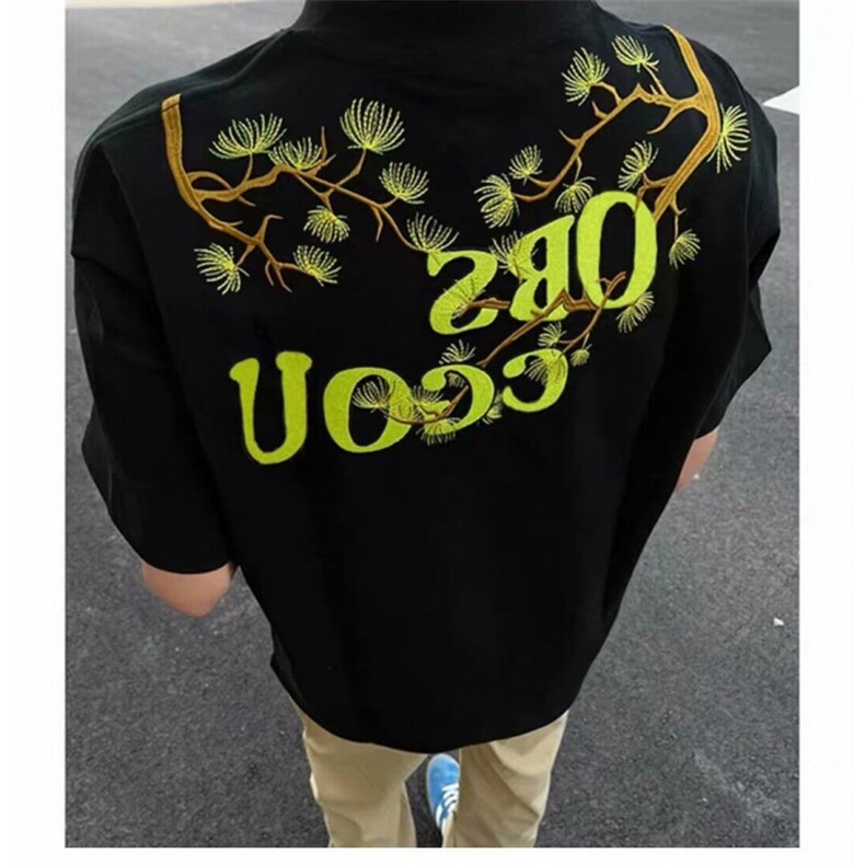 H0544-p35美式刺绣罗汉松短袖刺绣夏季新款宽松百搭短袖t恤图片