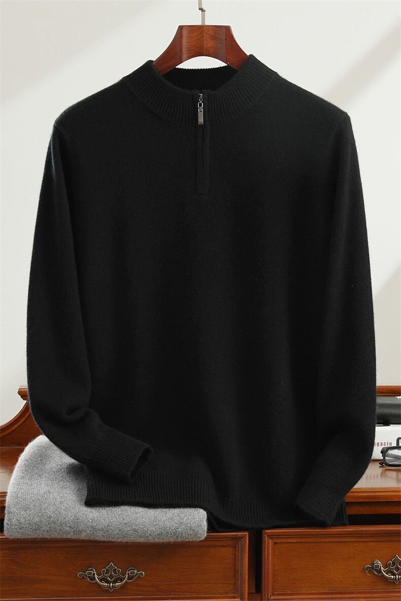 高品质男士羊绒套衫双股加厚保暖经典黑色半高领设计舒适百搭,男装羊绒套衫,雪丹羊
