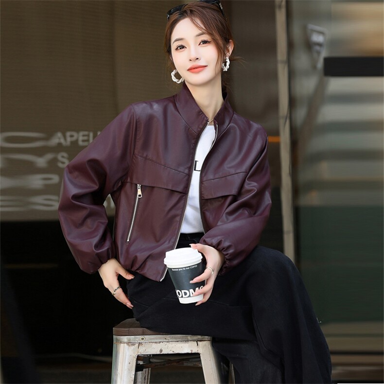 2024新款秋宽松显瘦休闲皮衣夹克中古机车立领外套女红夹克，女装皮衣，欧兰熙