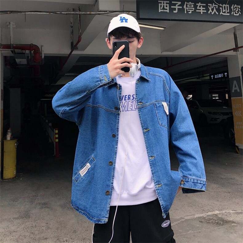 2021春季港风牛仔外套男 chic韩版简约百搭坠感夹克上衣 J/图片