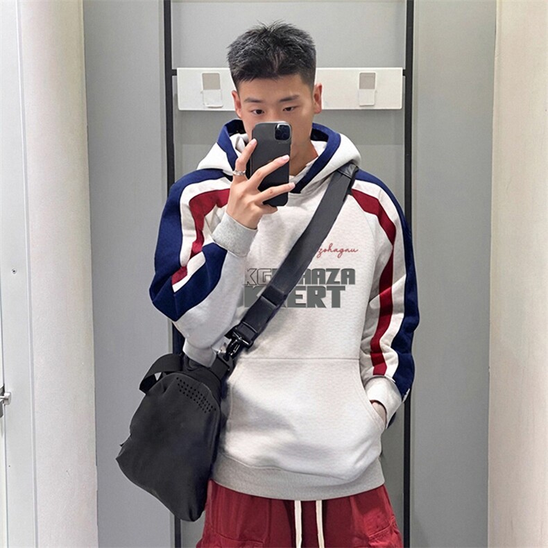 抖音得物供货提供视频秋冬重磅美式宽松接拼连帽卫衣3239,男装卫衣,电商A486