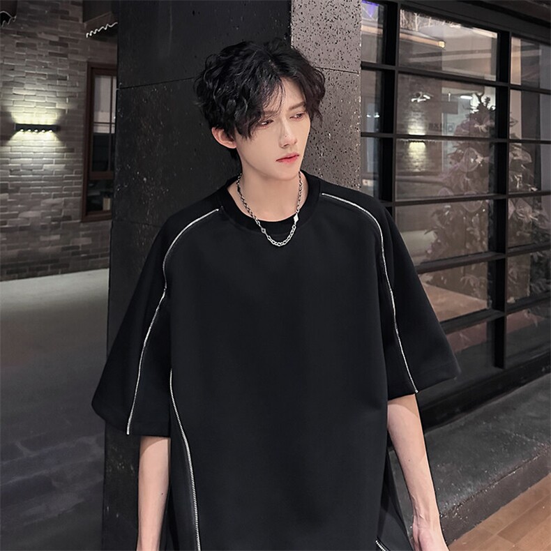 405A高街美式个性线条感拉链设计短袖T恤T2503-P45控68,男装T恤,星座405A