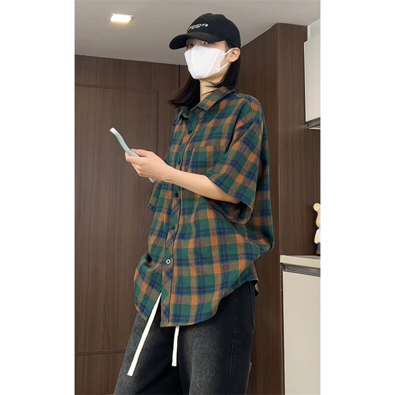 美式复古格子短袖衬衫男女宽松翻领情侣装透气外套C2176-特价P27,男装T恤,电商A007