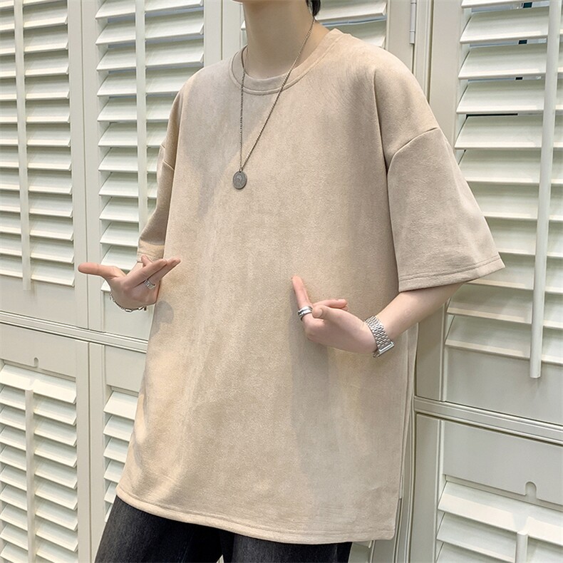 2025夏季新款鹿皮绒港风宽松短袖T恤男士圆领日系潮流657p25,男装T恤,星座1113
