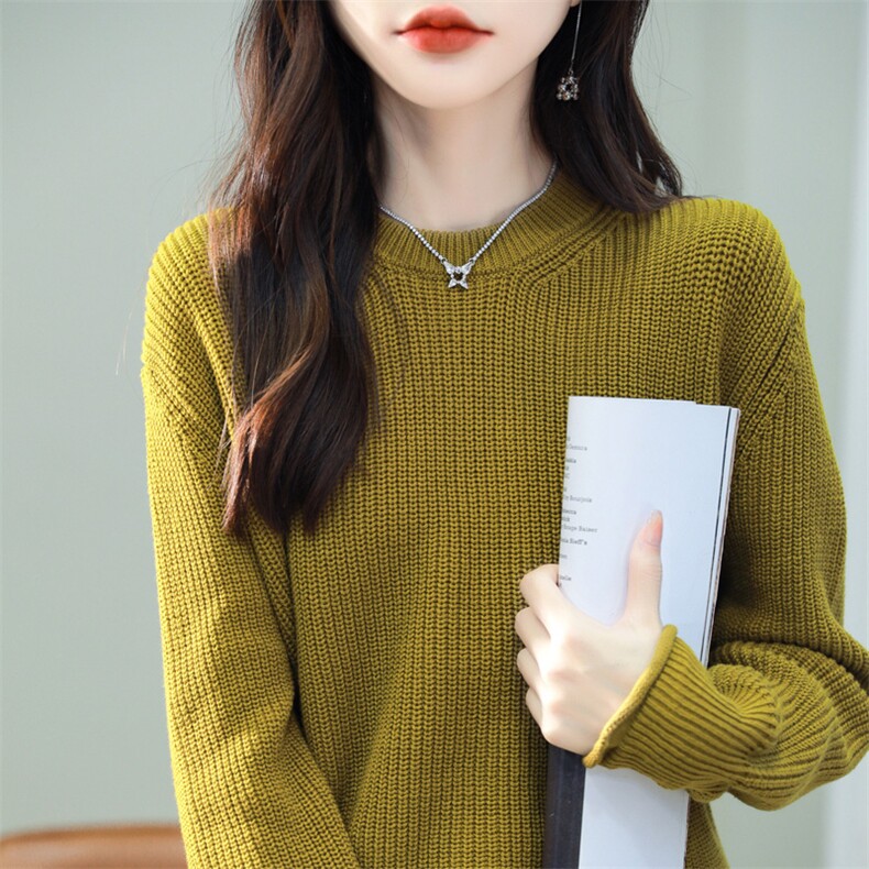 重磅加厚精梳棉线针织打底衫女圆领套头长袖保暖宽松毛衣2025新款,针织衫/毛衣,品高羊绒