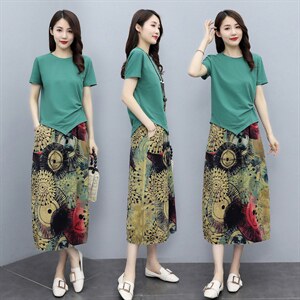 2021新款女夏装圆领针织上衣花色长裙套装套裙,女装套装/套裙,施恩睿棋