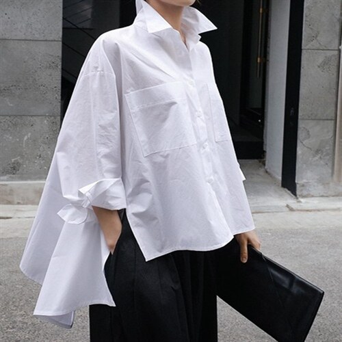 2025春装新款衬衫女韩版宽松大码斗篷型长袖不规则衬衣时尚上衣,女装衬衫,红依娜
