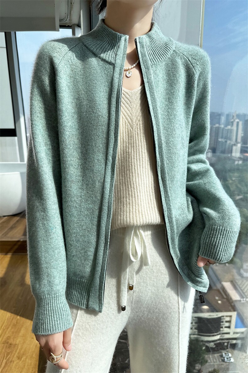 25秋冬新款半高领双拉链100%纯羊毛开衫女加厚宽松羊绒衫外搭毛衣,女装羊毛衫,斯尔特羊绒