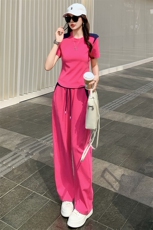 女夏季欧货高端纯色时尚运动休闲套装短袖上衣高腰阔腿长裤两件套，女装套装/套裙，2C310