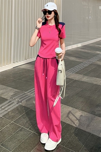 女夏季欧货高端纯色时尚运动休闲套装短袖上衣高腰阔腿长裤两件套图片