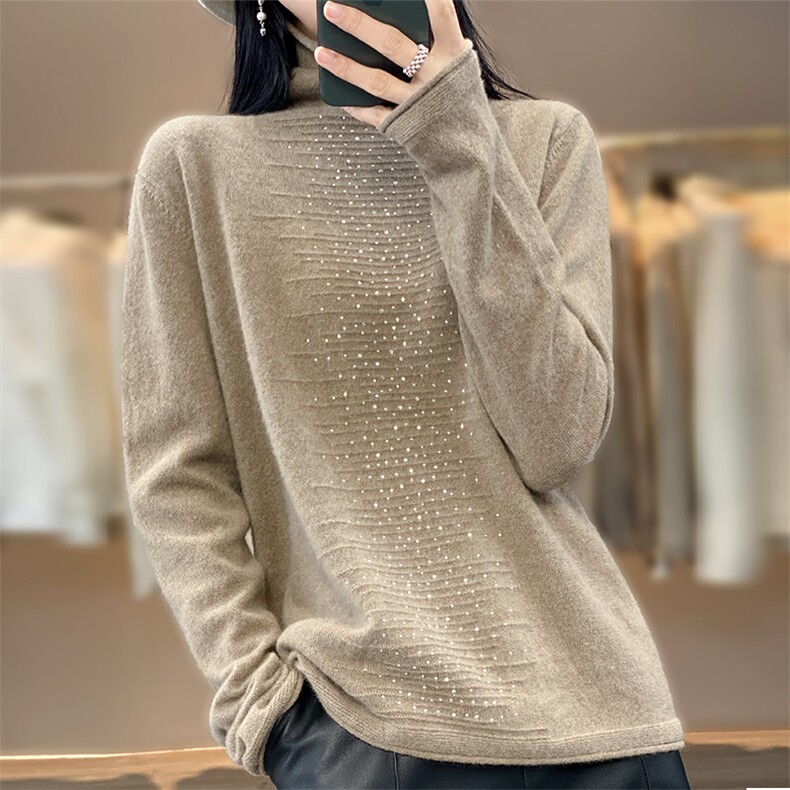 秋冬新款烫钻衫女式堆堆领套头打底毛衣宽松慵懒羊毛衫超软糯,针织衫/毛衣,唯若美羊绒