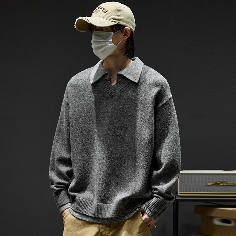 重磅北极绒假两件衬衫领毛衣美式高街复古休闲慵懒纯色翻领针织衫，男装针织衫/毛衣，电商A486