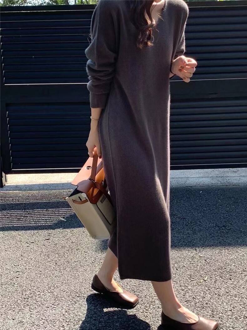 中长款毛衣裙羊毛衫秋冬宽松慵懒打底针织毛衣连衣裙,女装连衣裙,思途羊绒