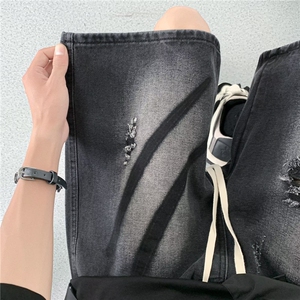 黄泥染破洞牛仔短裤男美式复古高街裤扎染工装五分中裤图片