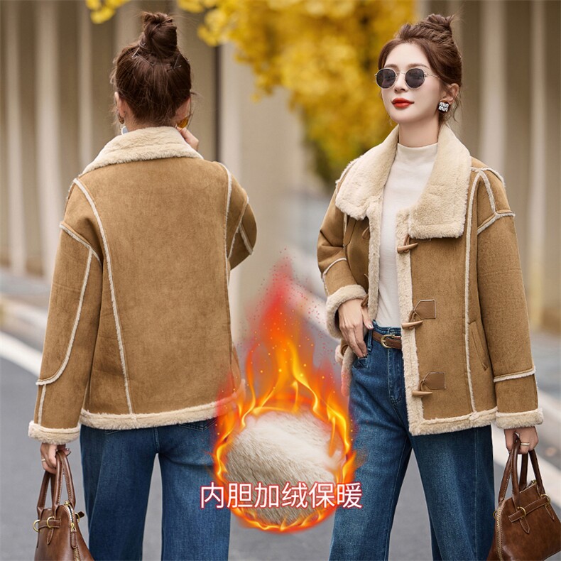 新款牛角扣翻领加绒加厚皮毛一体外套972P145,女装短外套,乐衣轩