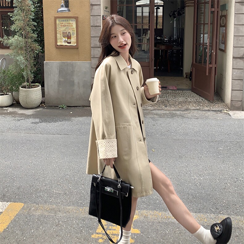 蕾丝拼接翻领风衣外套女春秋中长款高级感学院风减龄法式大衣夹克,女装风衣,浙宝212A