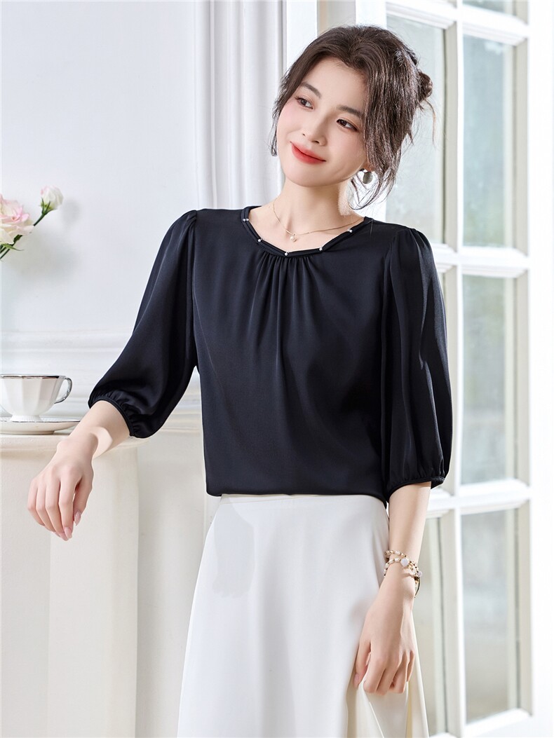 2025夏季新款重磅真丝衬衫女时尚气质圆领套头中袖纯色桑蚕丝上衣,女装衬衫,阿舍尔精品