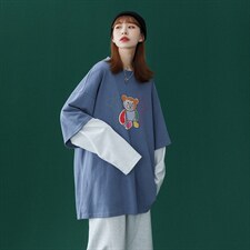 中性秋季潮流卡通印花全棉百搭假两件长袖T恤T152P35控48，男装T恤，A247A