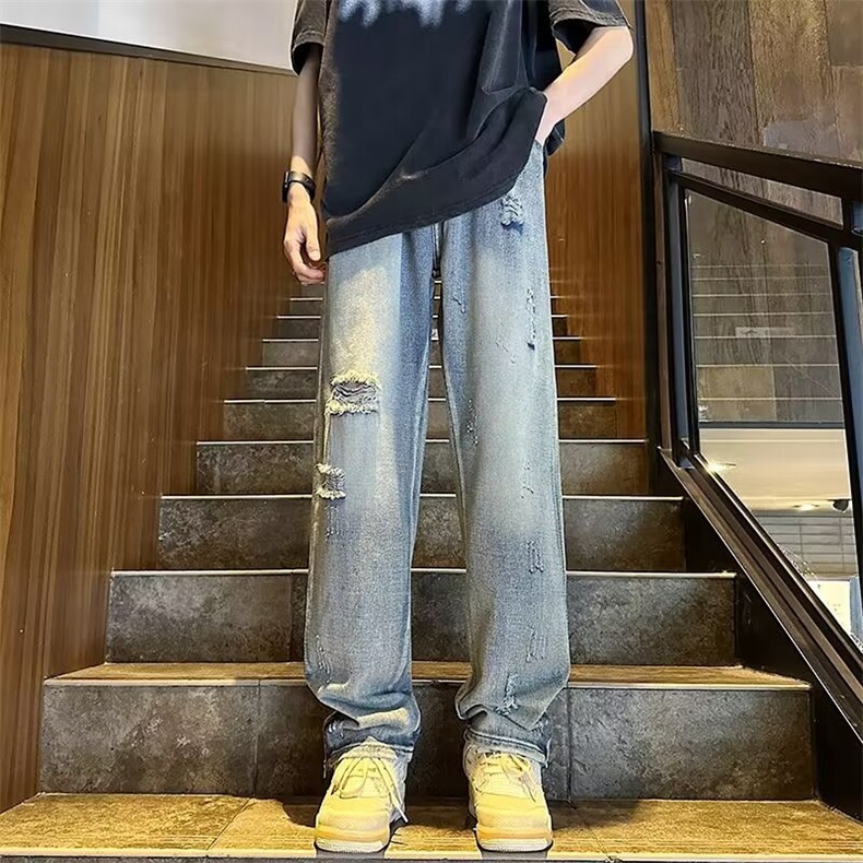 高街vibe风裤子夏季美式做旧破洞开叉牛仔裤男N6053P40,男装牛仔裤,星座1116-2