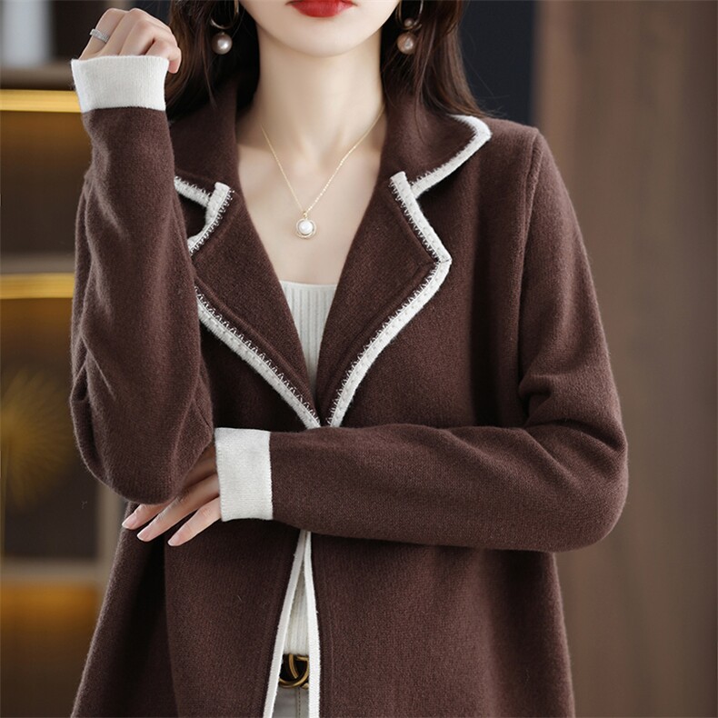 秋冬新款女翻领外搭纯色韩版毛衣外套显瘦羊毛开衫，女装羊毛衫，邦太羊绒