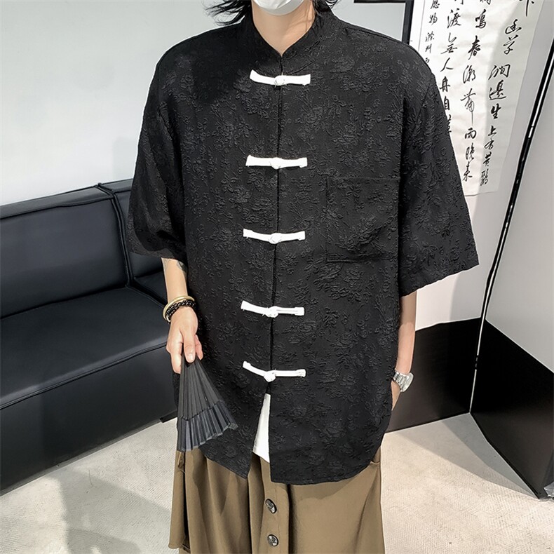 2024夏季新款港风新中式文艺复古提花立领盘扣短袖衬衫ZC738-P40,男装衬衫,星座313A(原308A-2)