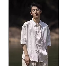 C302-P43新中式男装潮复古衬衫2025夏季新款短袖垂感高级衬衣，男装T恤，电商B323A