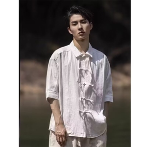 C302-P43 新中式男装潮复古衬衫2025夏季新款短袖垂感高级衬衣图片