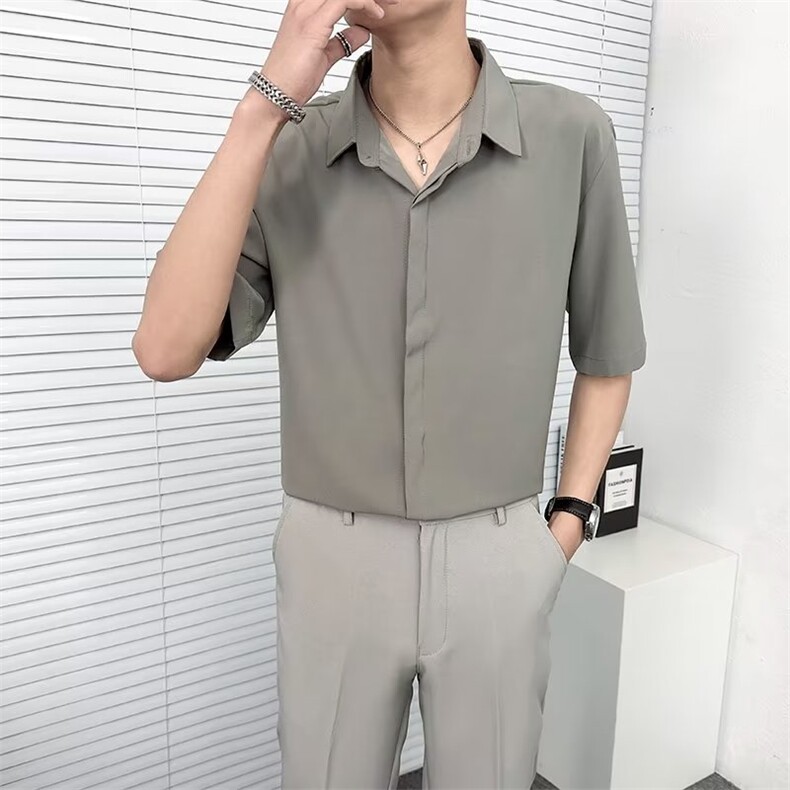 冰丝短袖衬衫男夏季高级垂感坠感暗扣休闲寸衫大码五分袖衬衣D7,男装衬衫,星座1116A-2（原606A-1）