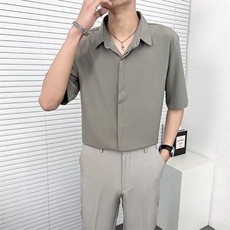 冰丝短袖衬衫男夏季高级垂感坠感暗扣休闲寸衫大码五分袖衬衣D7，男装衬衫，星座1116A-2（原606A-1）